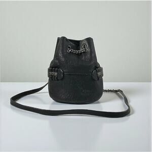 SHE + LO Lambskin Leather Chain Drawstring Bucket Bag Black Boho Rare Whimsy EUC